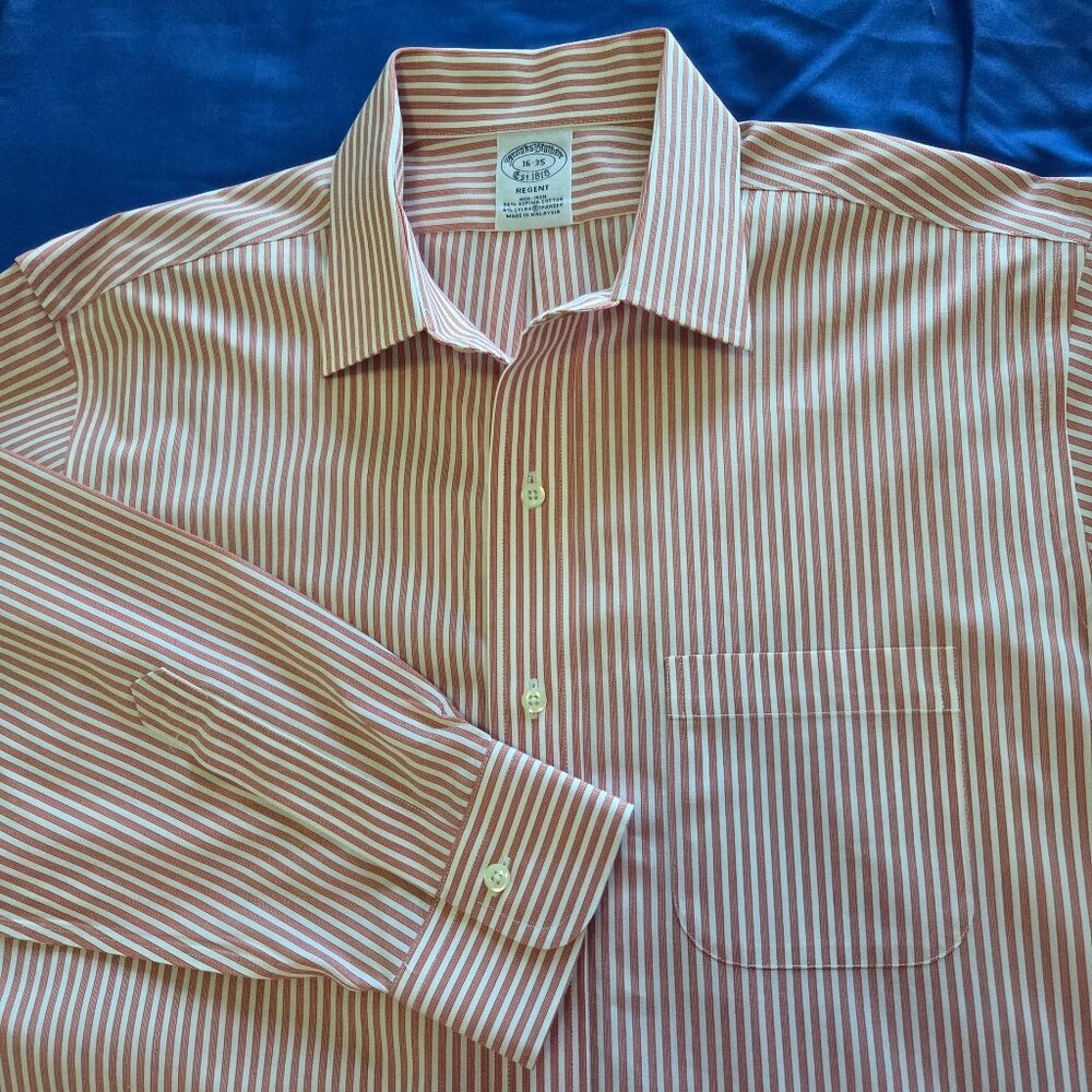 Brooks Brothers 1818 Regent Dress Shirt Size 16-35 Mens L Red Stripe Stretch